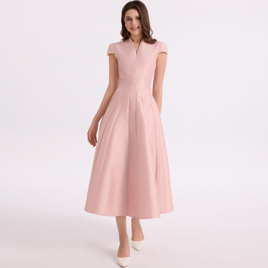 CM-DY067167 Women Elegant European Style V-Neck Short Sleeve High Waist A-Line Mid-Length Dress - Pink