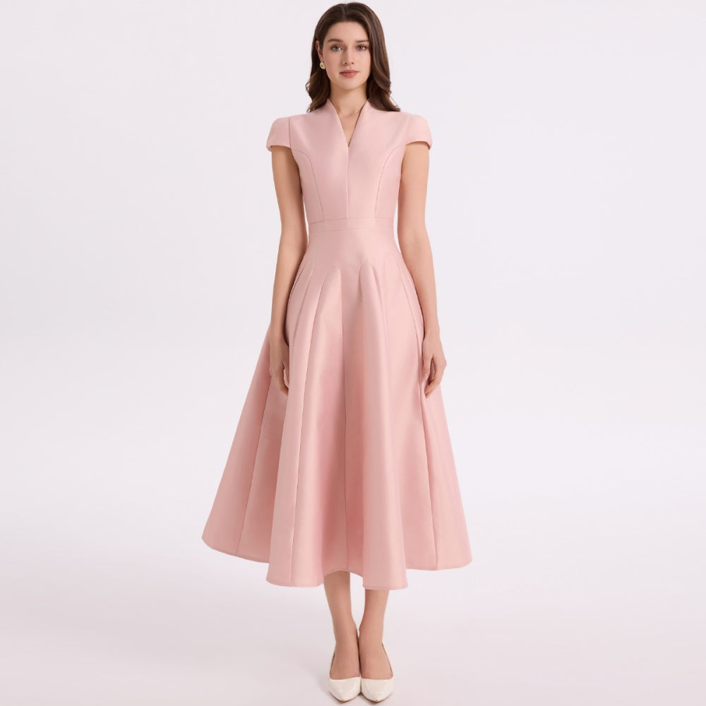 CM-DY067167 Women Elegant European Style V-Neck Short Sleeve High Waist A-Line Mid-Length Dress - Pink