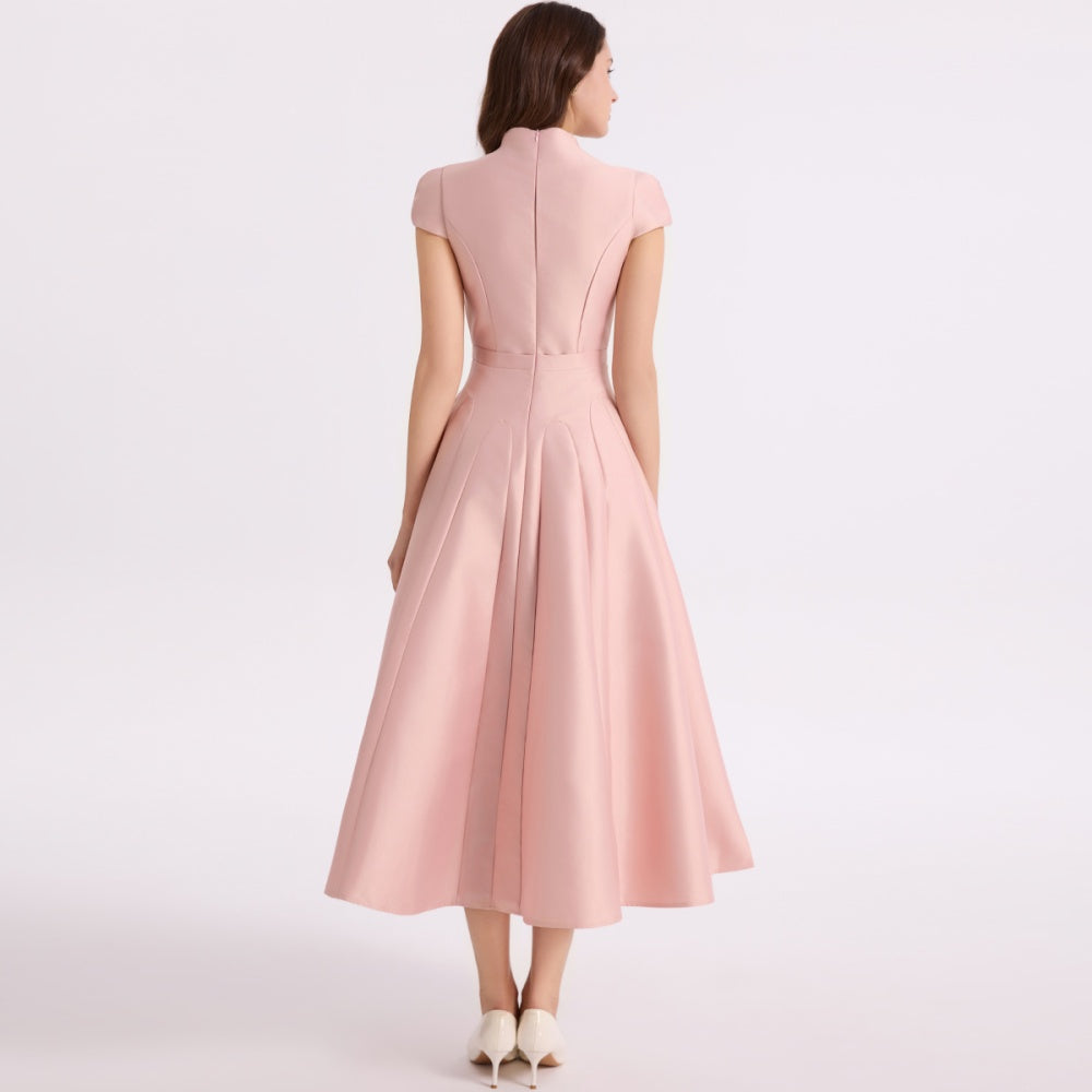 CM-DY067167 Women Elegant European Style V-Neck Short Sleeve High Waist A-Line Mid-Length Dress - Pink