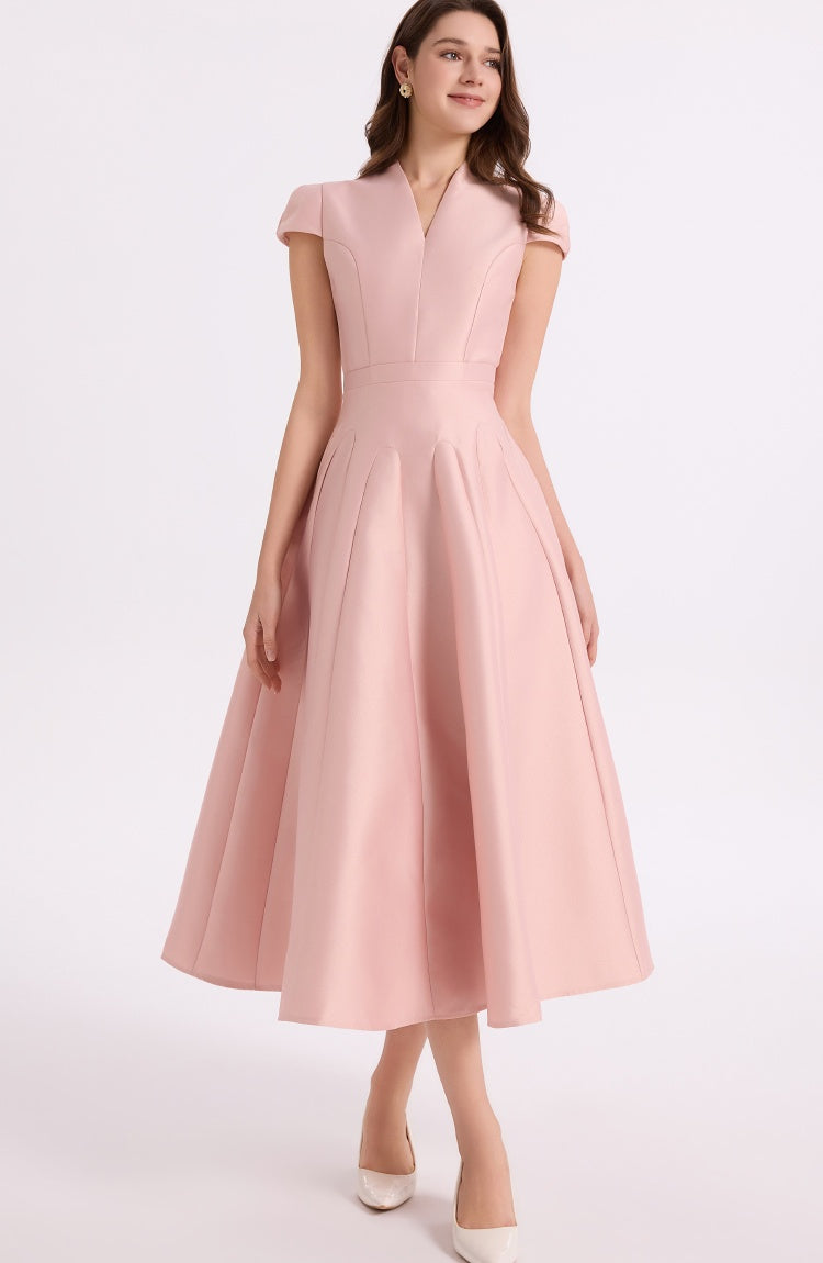 CM-DY067167 Women Elegant European Style V-Neck Short Sleeve High Waist A-Line Mid-Length Dress - Pink