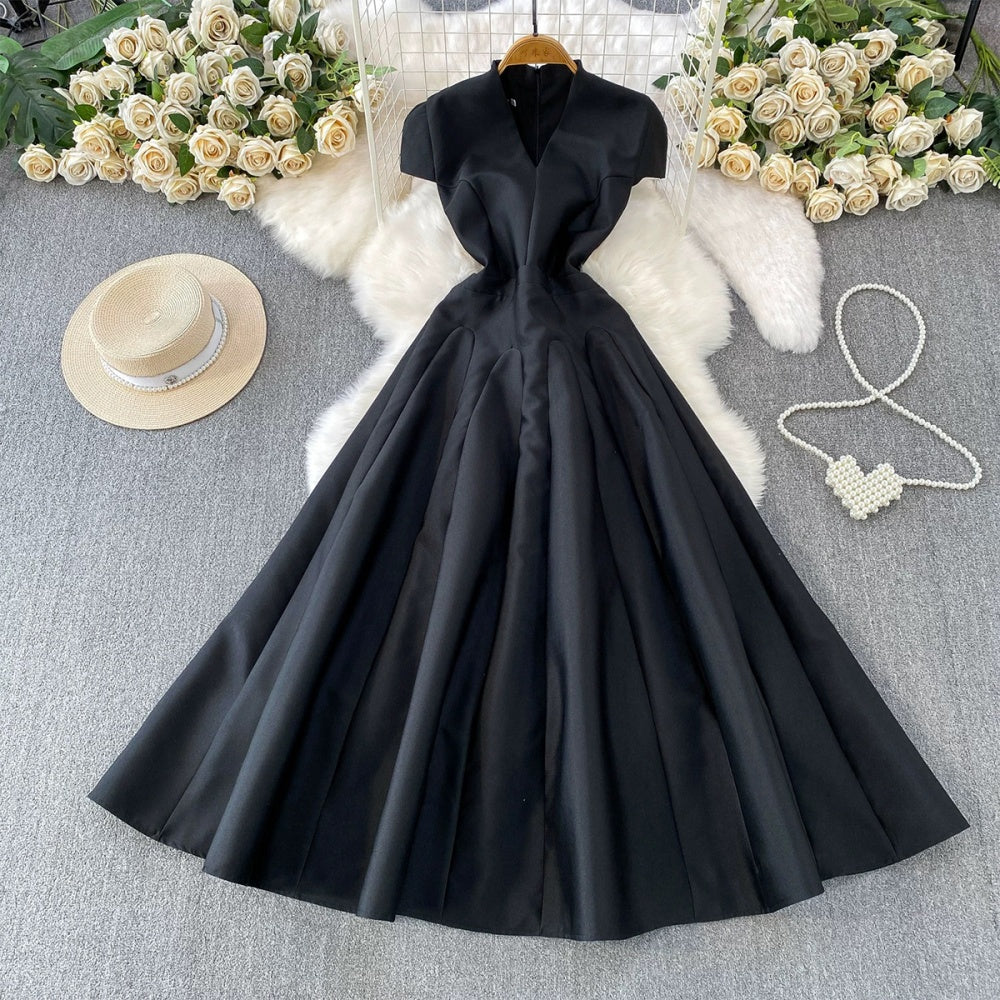 CM-DY067168 Women Elegant European Style V-Neck Short Sleeve High Waist A-Line Long Dress (Available in 5 colors)