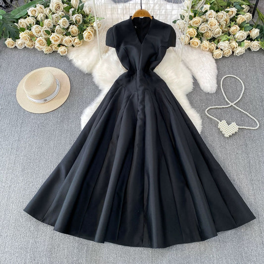CM-DY067168 Women Elegant European Style V-Neck Short Sleeve High Waist A-Line Long Dress (Available in 5 colors)