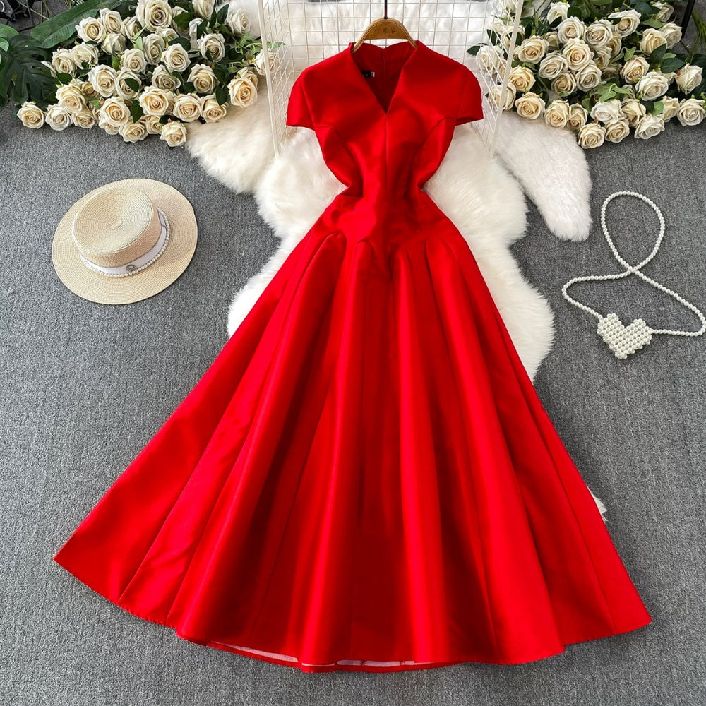 CM-DY067168 Women Elegant European Style V-Neck Short Sleeve High Waist A-Line Long Dress (Available in 5 colors)