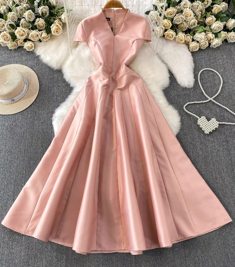 CM-DY067168 Women Elegant European Style V-Neck Short Sleeve High Waist A-Line Long Dress (Available in 5 colors)