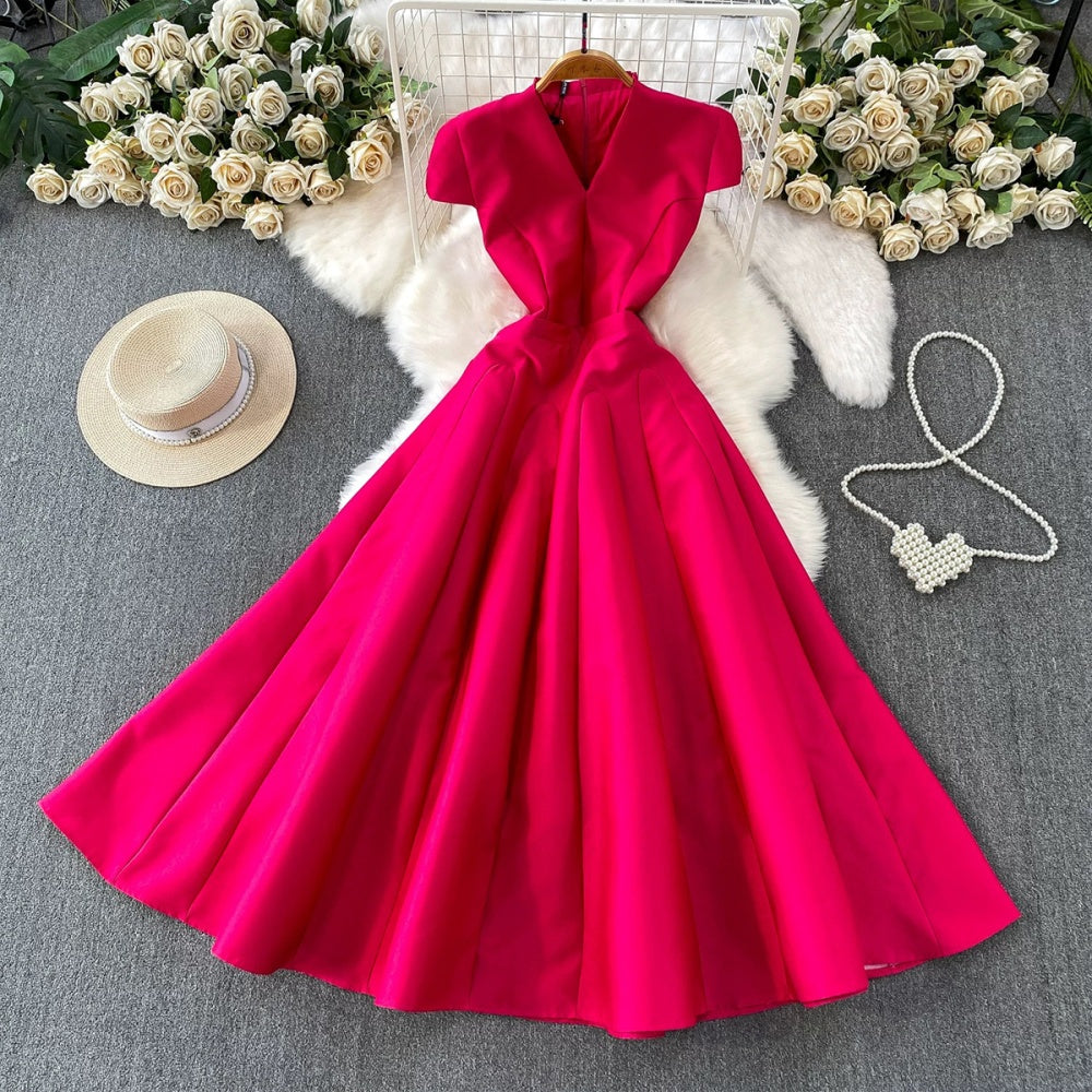 CM-DY067168 Women Elegant European Style V-Neck Short Sleeve High Waist A-Line Long Dress (Available in 5 colors)