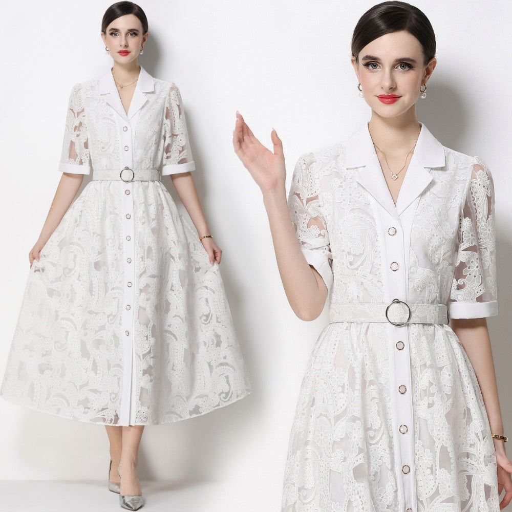 CM-DY067434 Women Elegant European Style Suit Collar Short Sleeve Single Breasted Mid-Length Dress - White