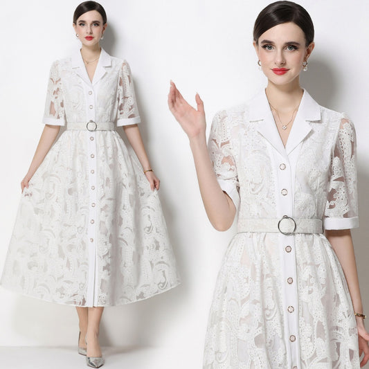 CM-DY067434 Women Elegant European Style Suit Collar Short Sleeve Single Breasted Mid-Length Dress - White