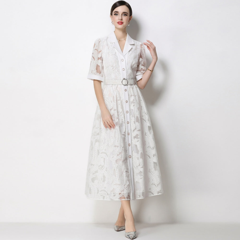 CM-DY067434 Women Elegant European Style Suit Collar Short Sleeve Single Breasted Mid-Length Dress - White