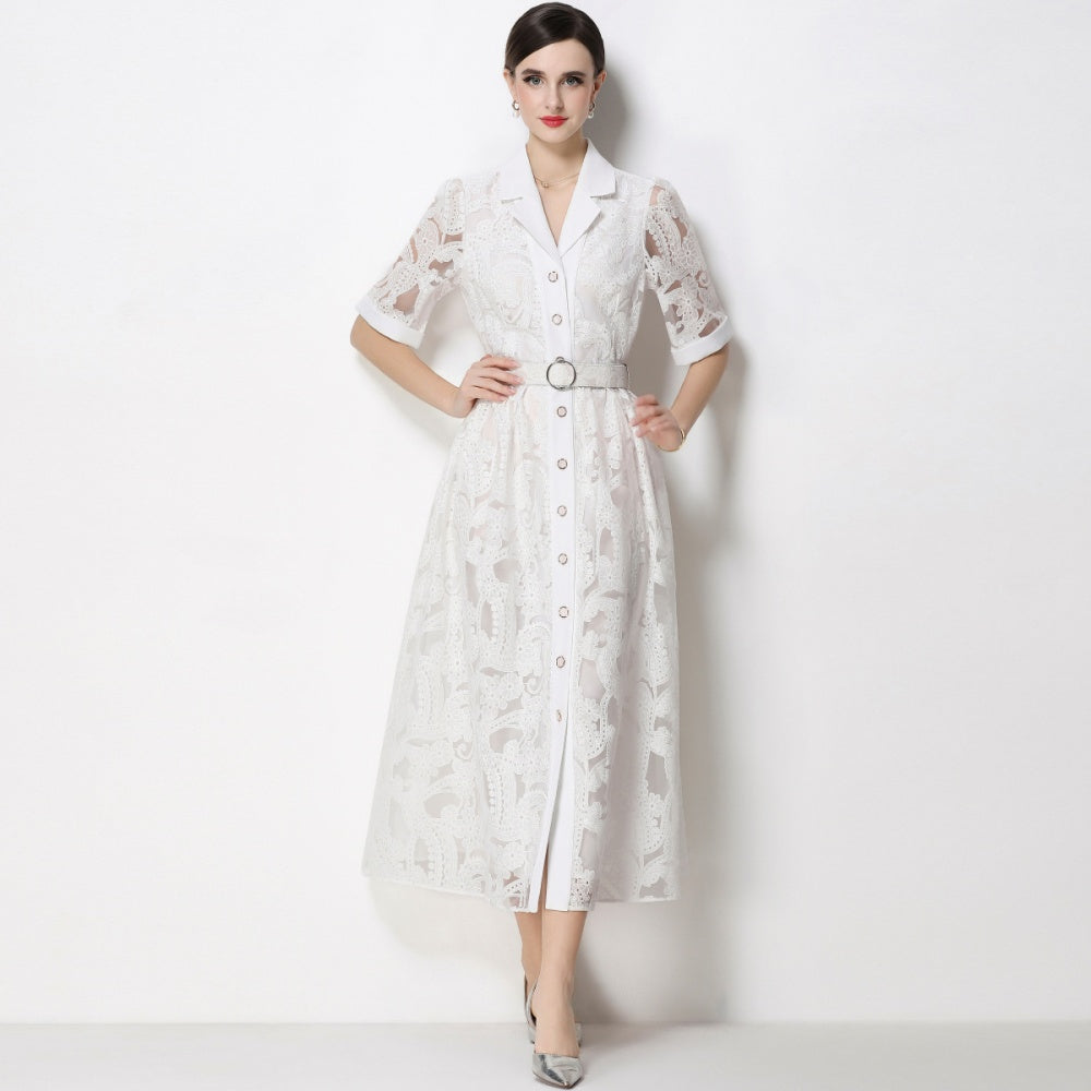 CM-DY067434 Women Elegant European Style Suit Collar Short Sleeve Single Breasted Mid-Length Dress - White