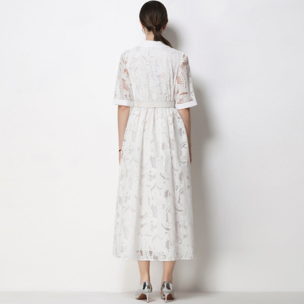 CM-DY067434 Women Elegant European Style Suit Collar Short Sleeve Single Breasted Mid-Length Dress - White