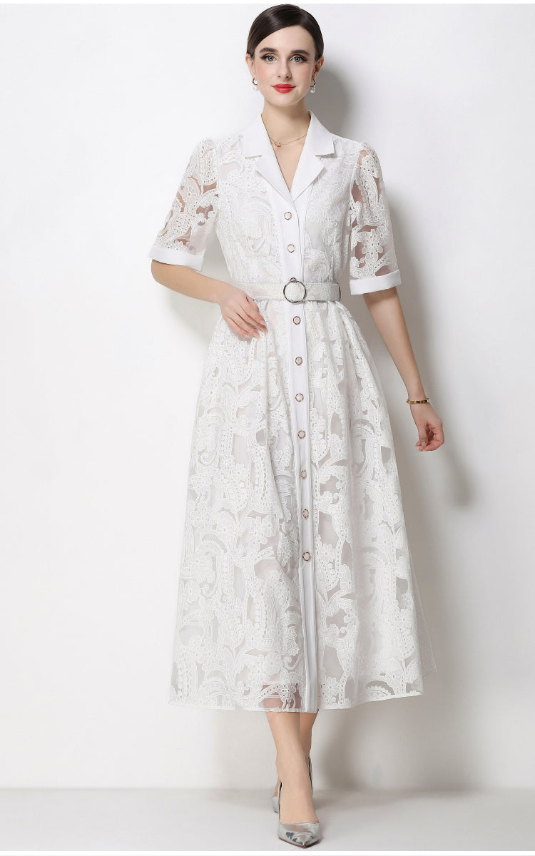 CM-DY067434 Women Elegant European Style Suit Collar Short Sleeve Single Breasted Mid-Length Dress - White