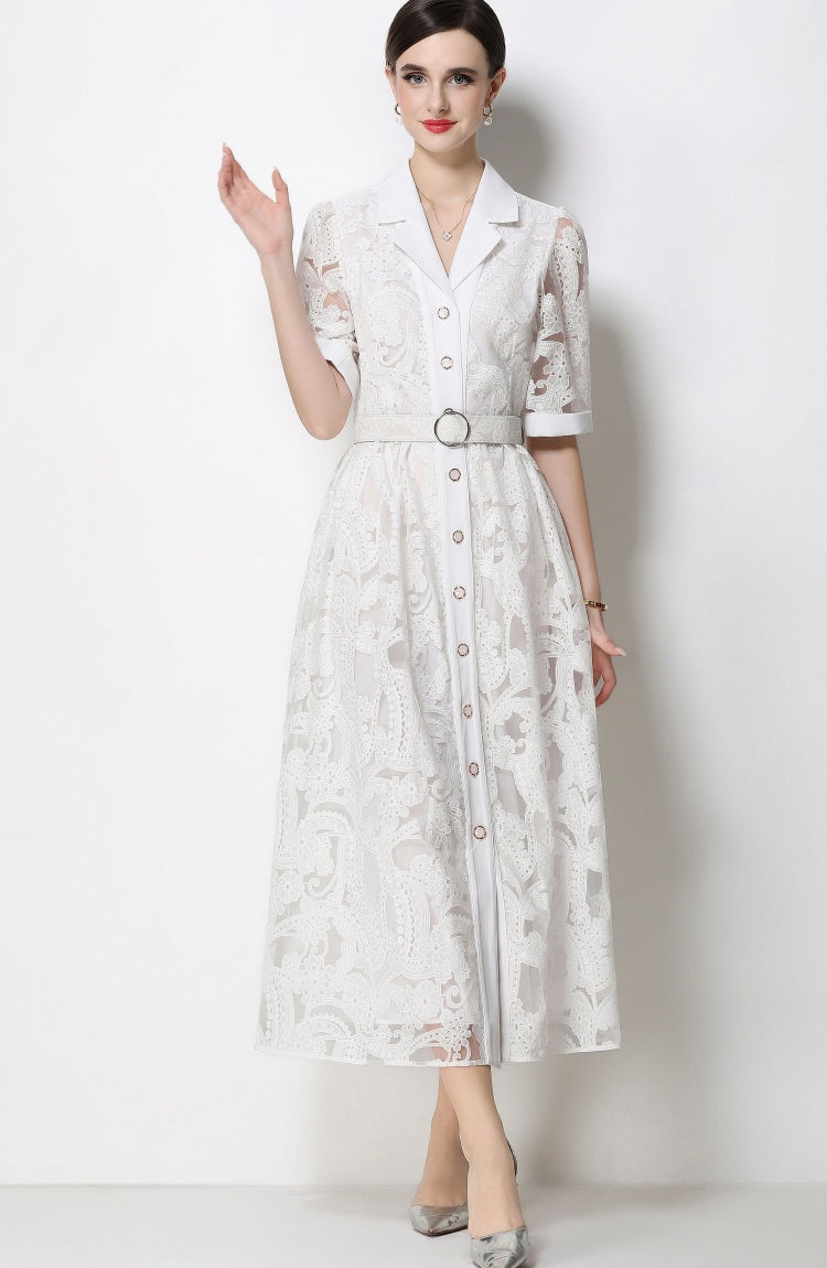 CM-DY067434 Women Elegant European Style Suit Collar Short Sleeve Single Breasted Mid-Length Dress - White