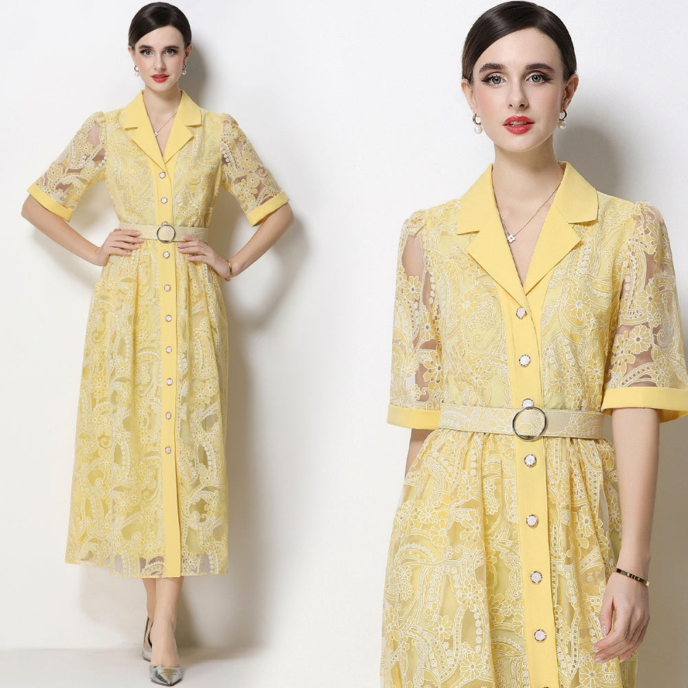 CM-DY067435 Women Elegant European Style Suit Collar Short Sleeve Single Breasted Mid-Length Dress - Yellow
