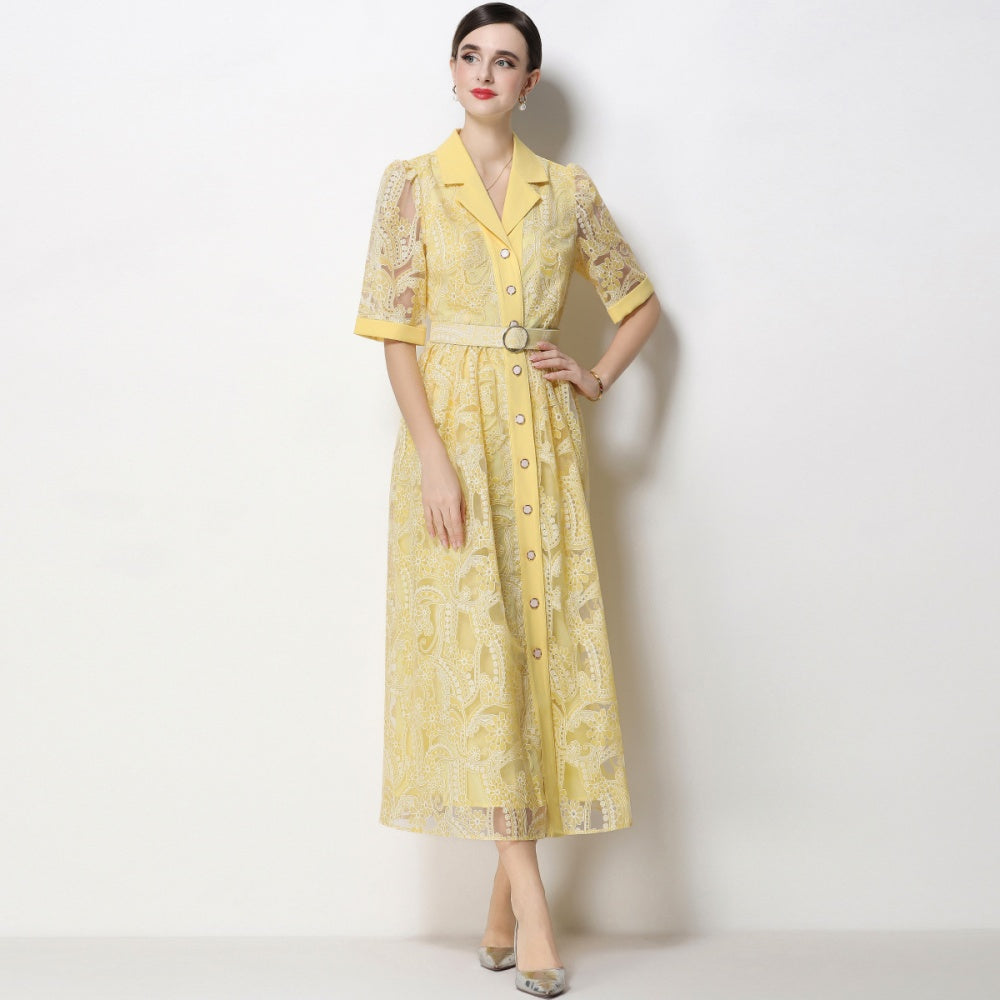 CM-DY067435 Women Elegant European Style Suit Collar Short Sleeve Single Breasted Mid-Length Dress - Yellow