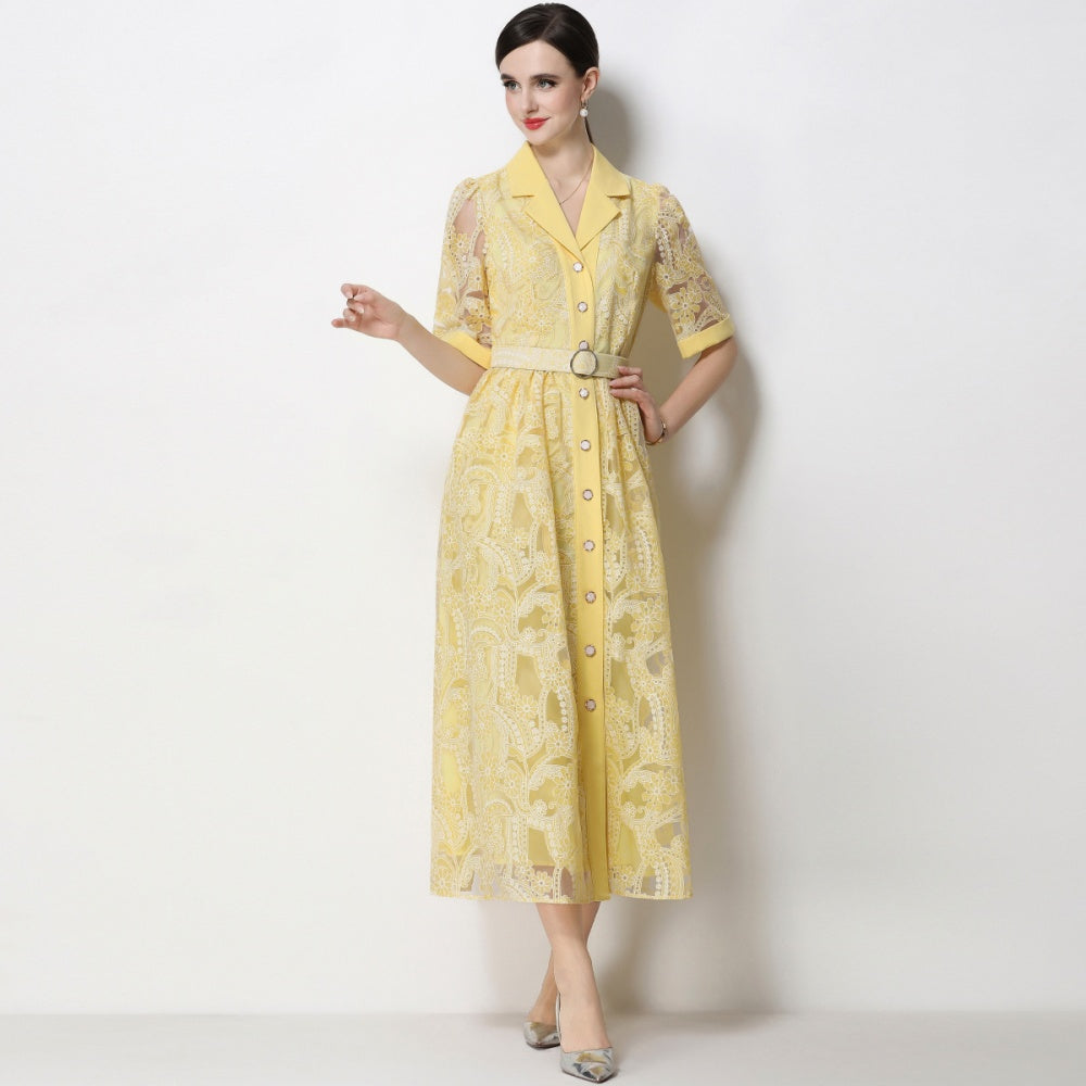 CM-DY067435 Women Elegant European Style Suit Collar Short Sleeve Single Breasted Mid-Length Dress - Yellow