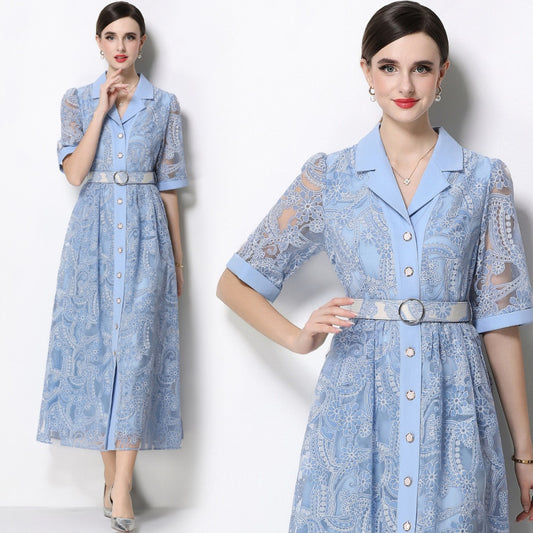 CM-DY067436 Women Elegant European Style Suit Collar Short Sleeve Single Breasted Mid-Length Dress - Blue
