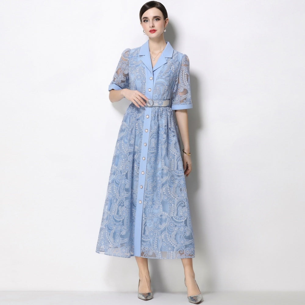 CM-DY067436 Women Elegant European Style Suit Collar Short Sleeve Single Breasted Mid-Length Dress - Blue