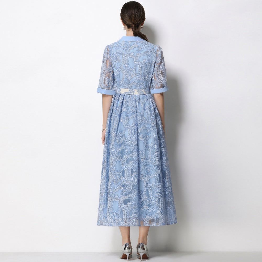CM-DY067436 Women Elegant European Style Suit Collar Short Sleeve Single Breasted Mid-Length Dress - Blue