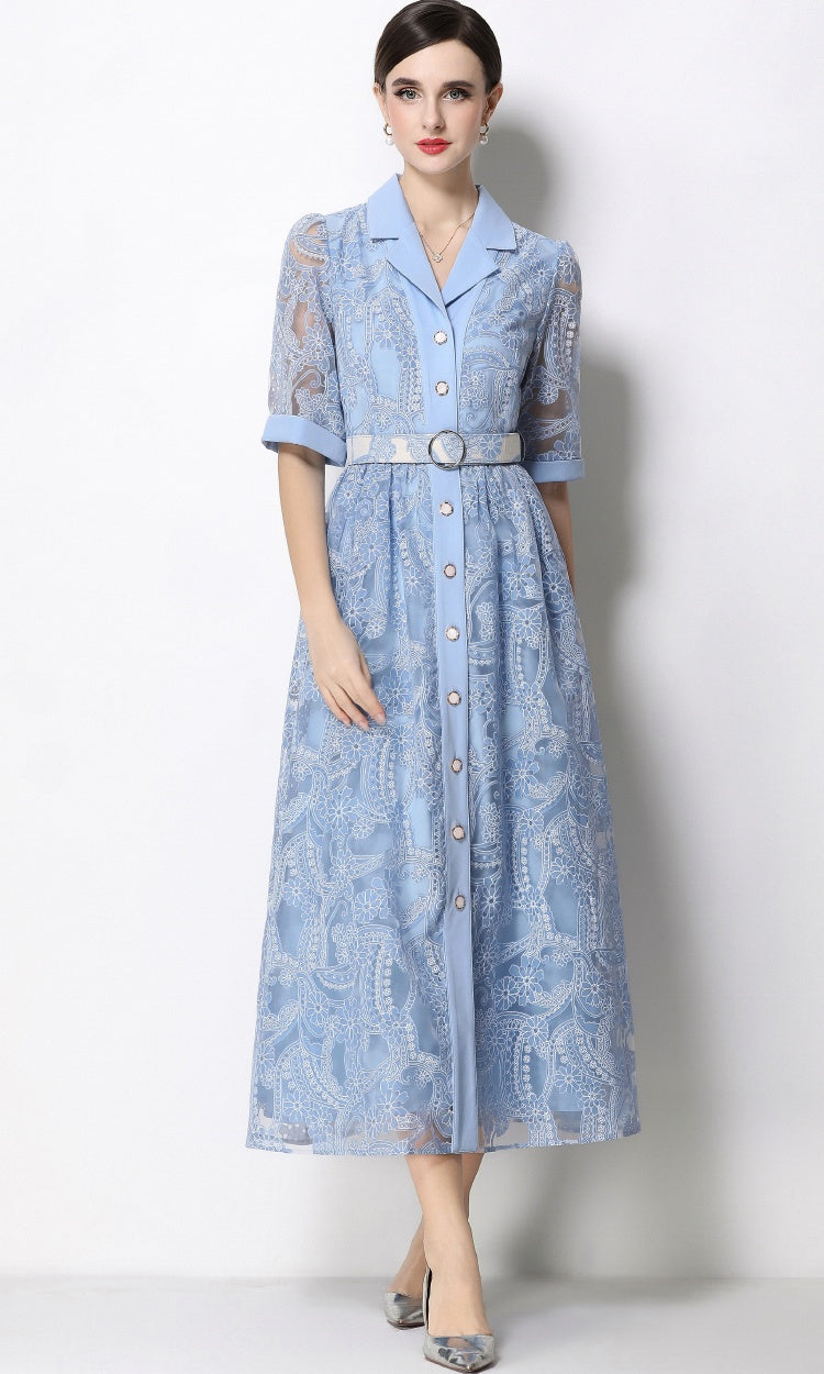 CM-DY067436 Women Elegant European Style Suit Collar Short Sleeve Single Breasted Mid-Length Dress - Blue