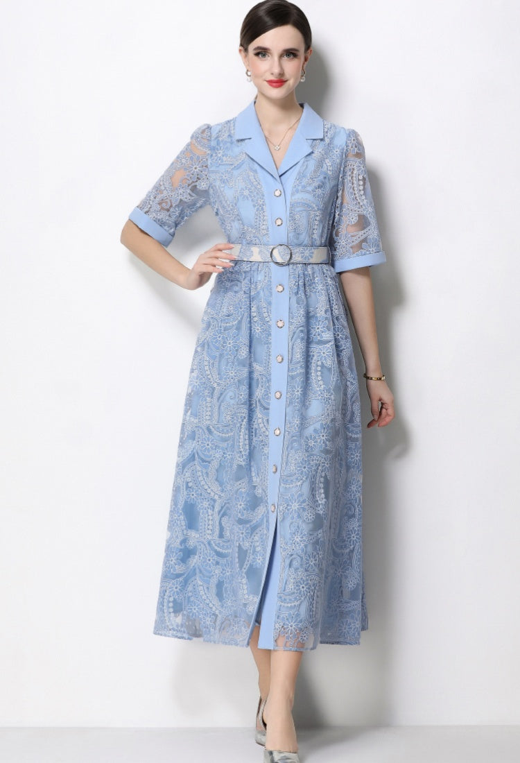 CM-DY067436 Women Elegant European Style Suit Collar Short Sleeve Single Breasted Mid-Length Dress - Blue