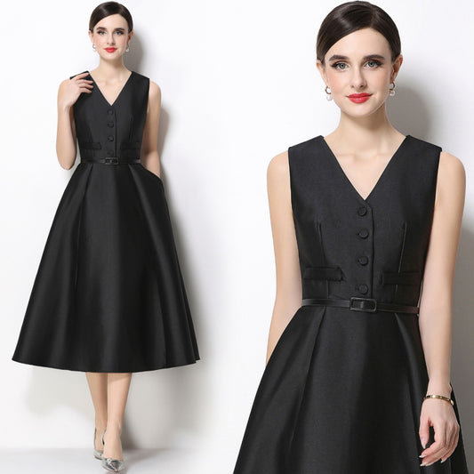 CM-DY067438 Women Elegant European Style V-Neck Sleeveless Belted Single-Breasted Midi Dress - Black