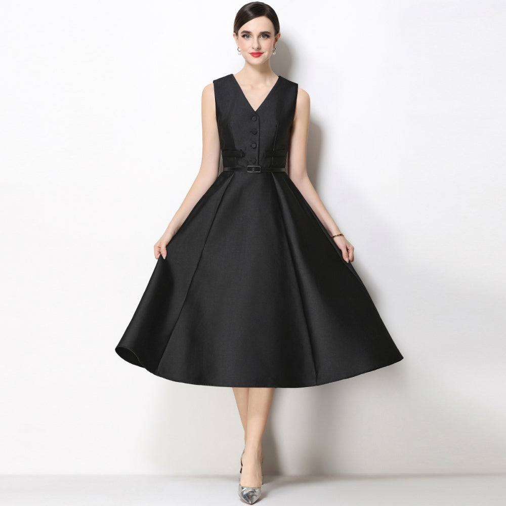 CM-DY067438 Women Elegant European Style V-Neck Sleeveless Belted Single-Breasted Midi Dress - Black