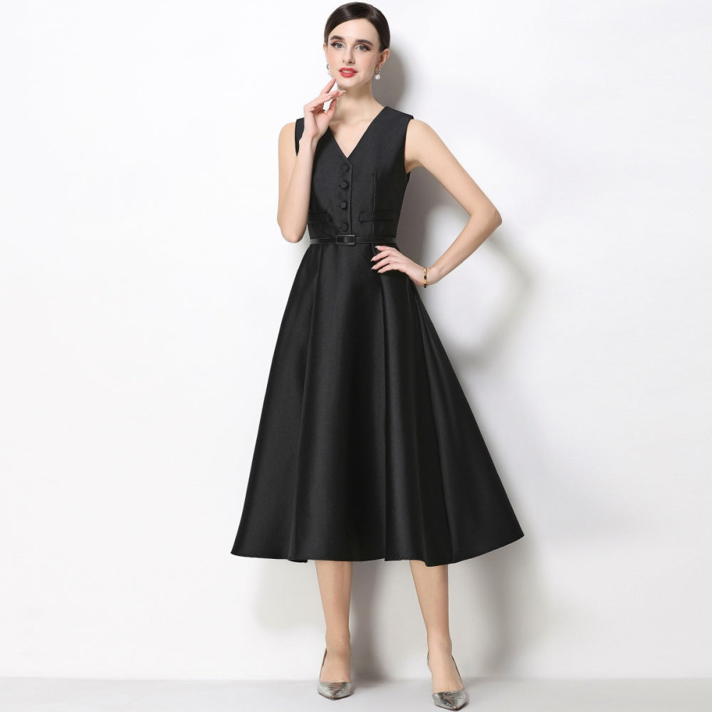 CM-DY067438 Women Elegant European Style V-Neck Sleeveless Belted Single-Breasted Midi Dress - Black