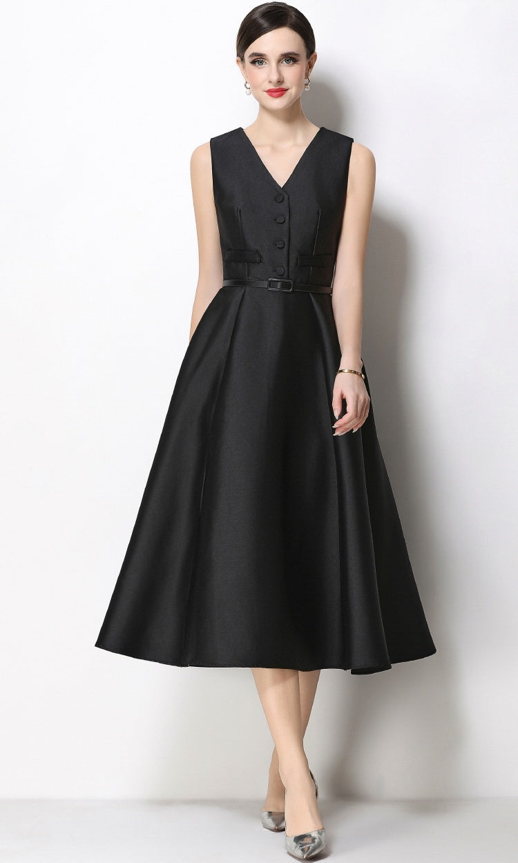 CM-DY067438 Women Elegant European Style V-Neck Sleeveless Belted Single-Breasted Midi Dress - Black