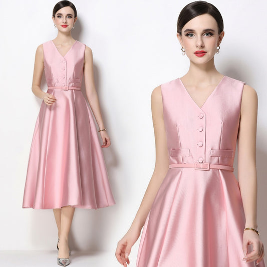 CM-DY067439 Women Elegant European Style V-Neck Sleeveless Belted Single-Breasted Midi Dress - Pink