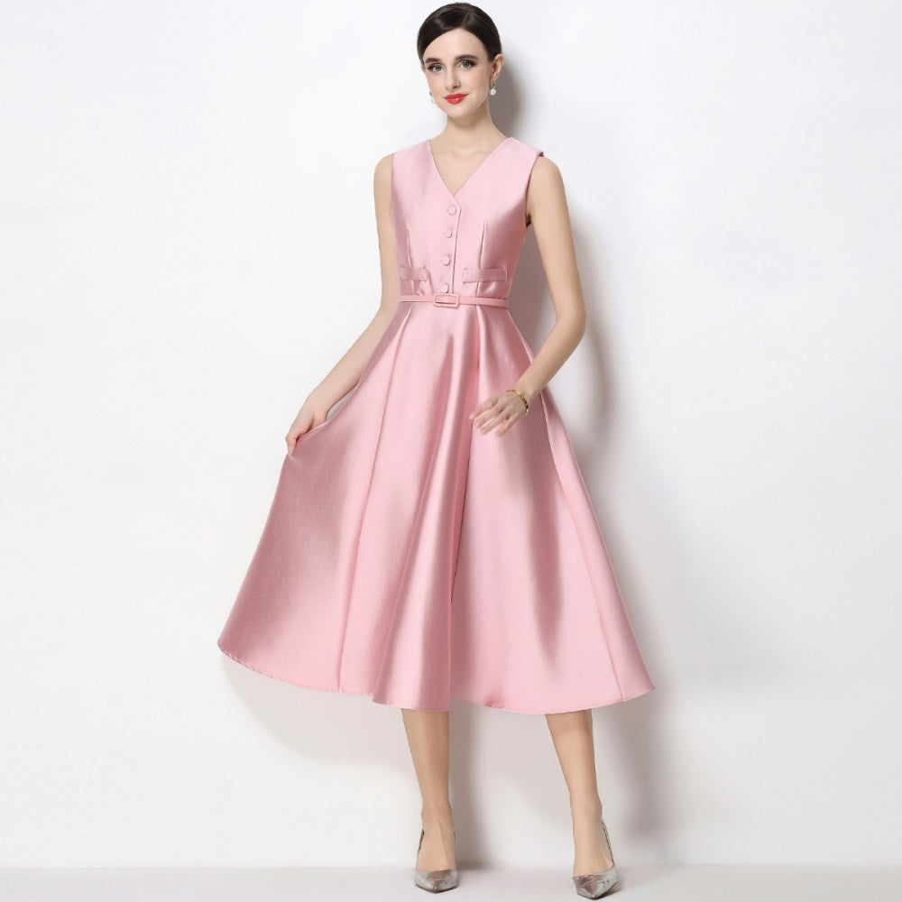 CM-DY067439 Women Elegant European Style V-Neck Sleeveless Belted Single-Breasted Midi Dress - Pink
