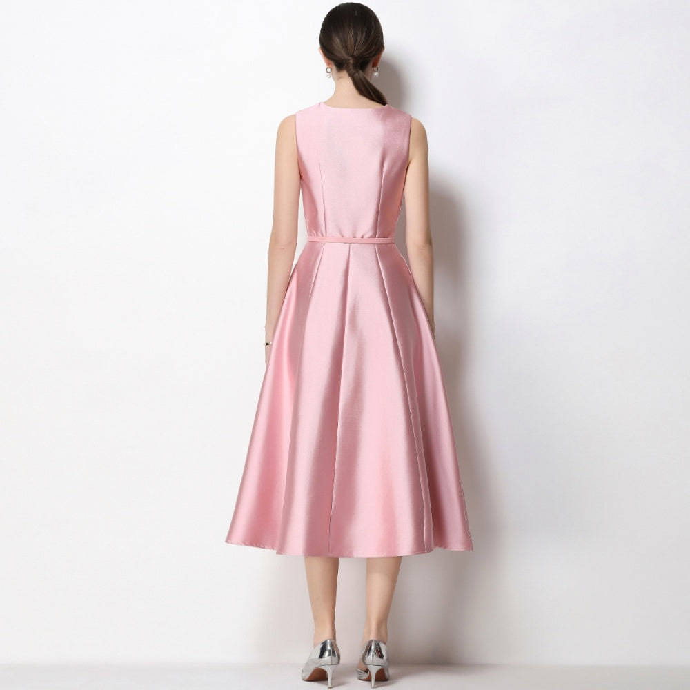 CM-DY067439 Women Elegant European Style V-Neck Sleeveless Belted Single-Breasted Midi Dress - Pink