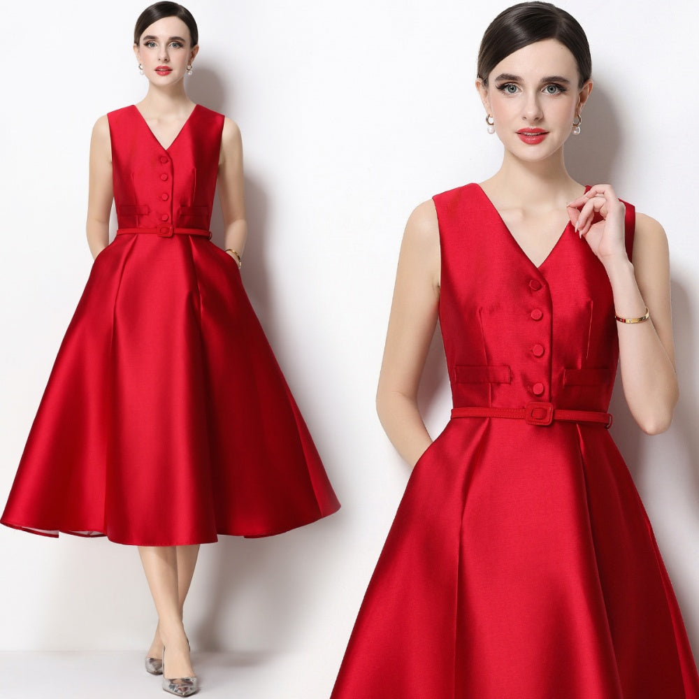 CM-DY067440 Women Elegant European Style V-Neck Sleeveless Belted Single-Breasted Midi Dress - Red