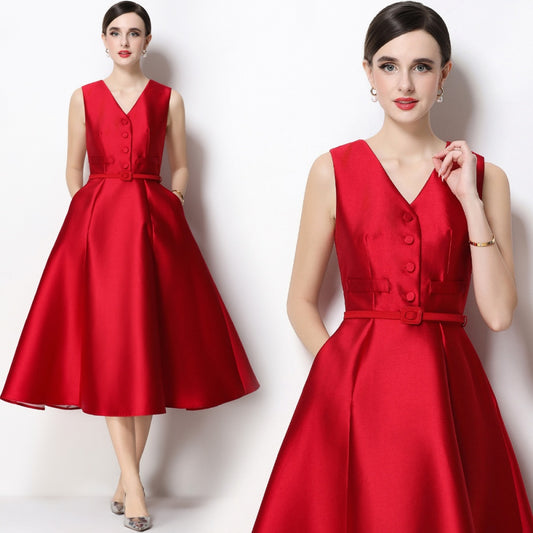CM-DY067440 Women Elegant European Style V-Neck Sleeveless Belted Single-Breasted Midi Dress - Red