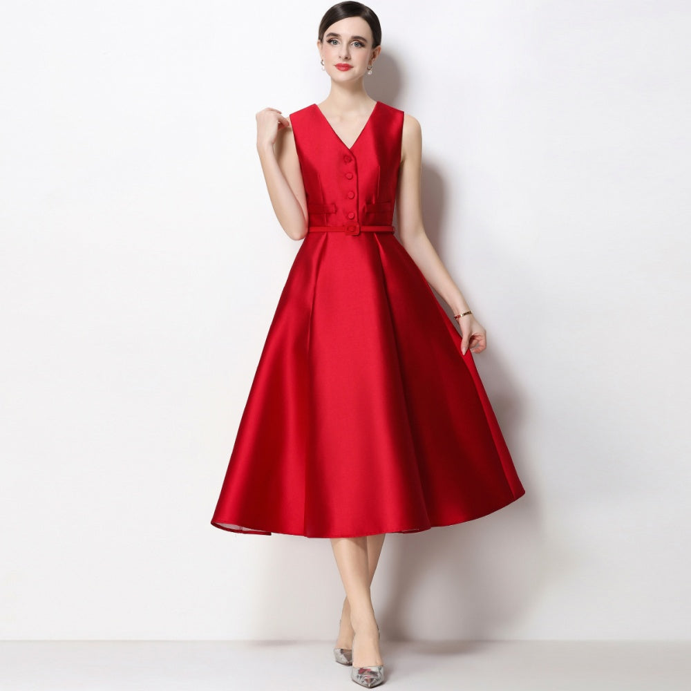 CM-DY067440 Women Elegant European Style V-Neck Sleeveless Belted Single-Breasted Midi Dress - Red
