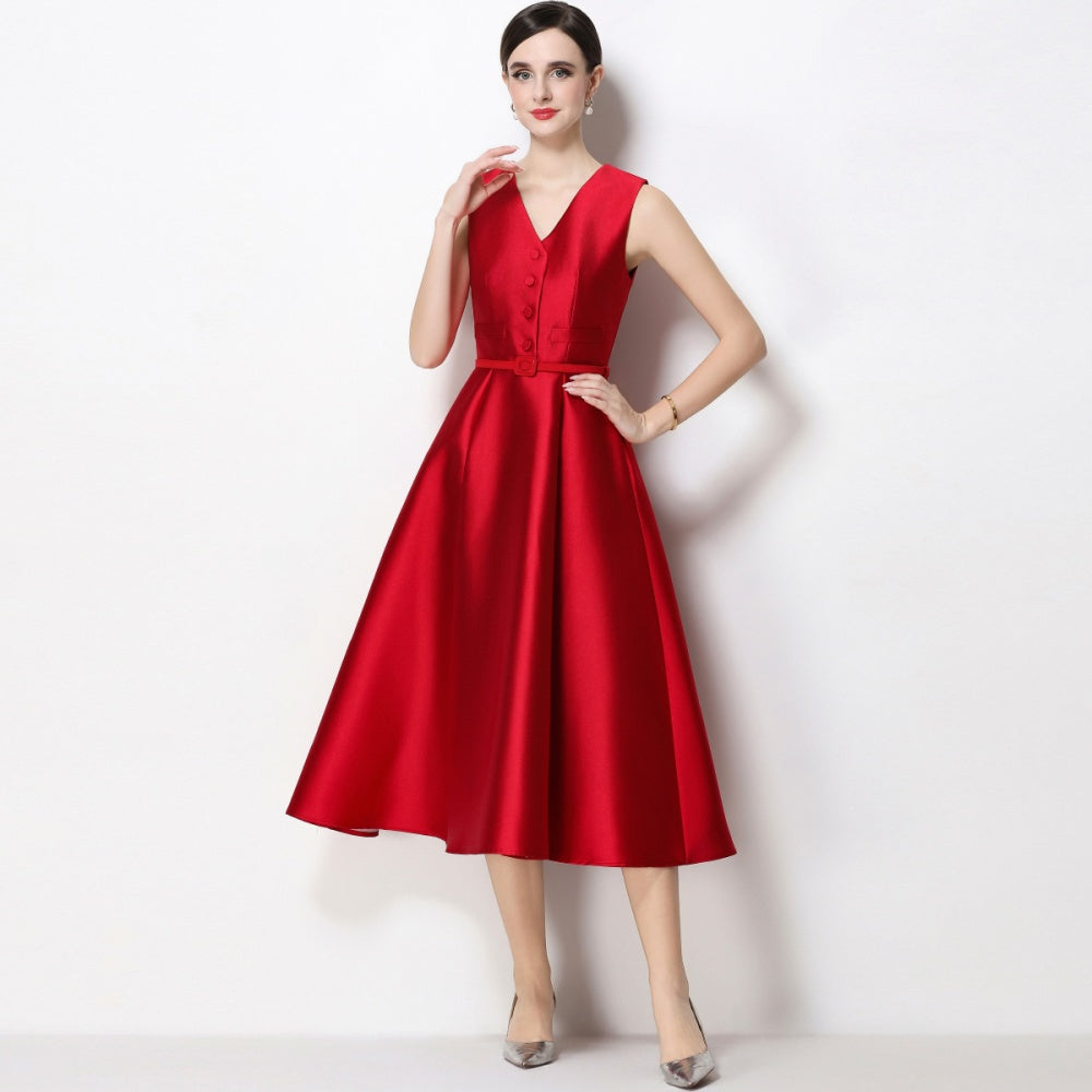 CM-DY067440 Women Elegant European Style V-Neck Sleeveless Belted Single-Breasted Midi Dress - Red