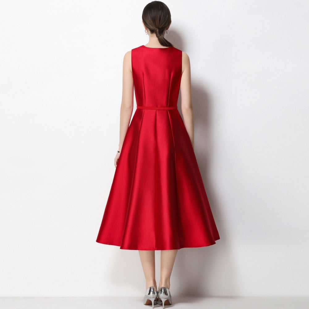 CM-DY067440 Women Elegant European Style V-Neck Sleeveless Belted Single-Breasted Midi Dress - Red