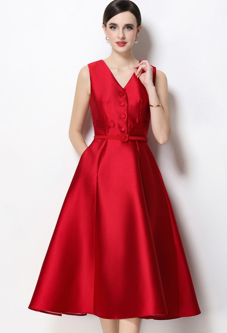 CM-DY067440 Women Elegant European Style V-Neck Sleeveless Belted Single-Breasted Midi Dress - Red