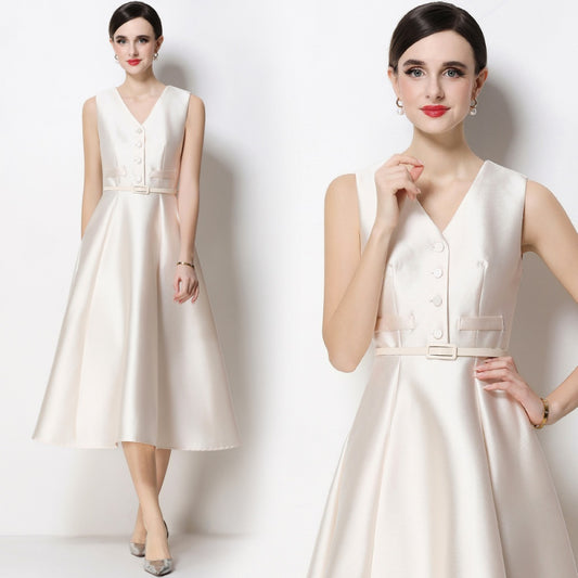 CM-DY067441 Women Elegant European Style V-Neck Sleeveless Belted Single-Breasted Midi Dress - Apricot