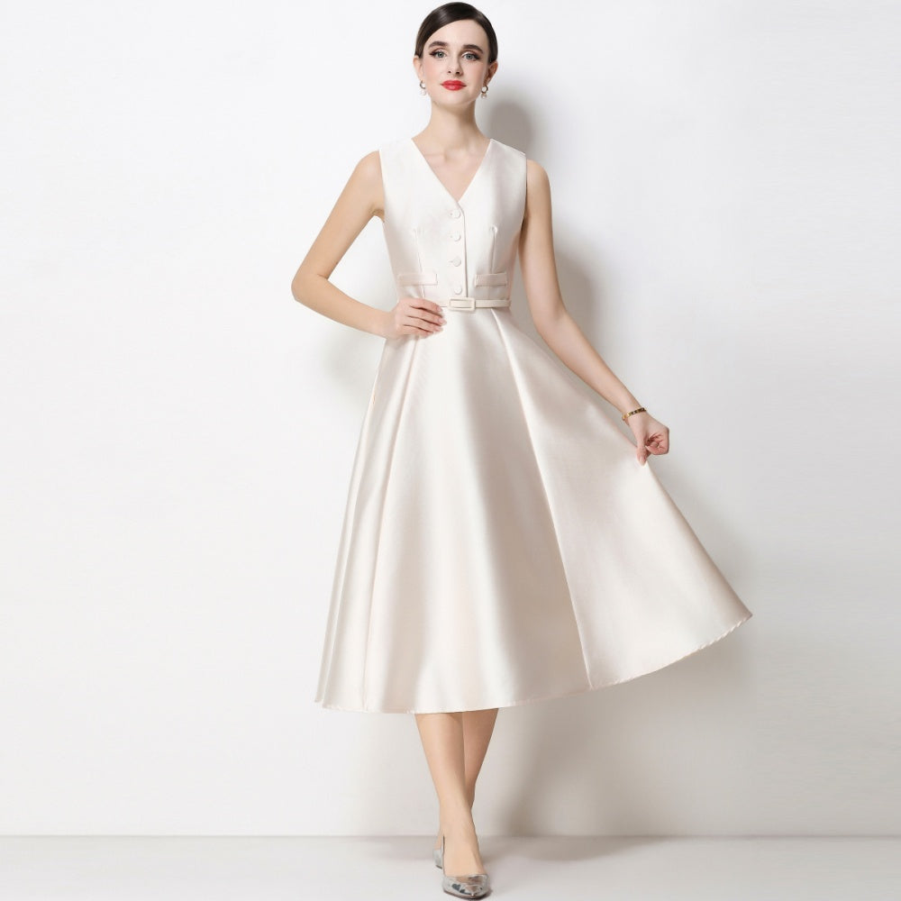 CM-DY067441 Women Elegant European Style V-Neck Sleeveless Belted Single-Breasted Midi Dress - Apricot