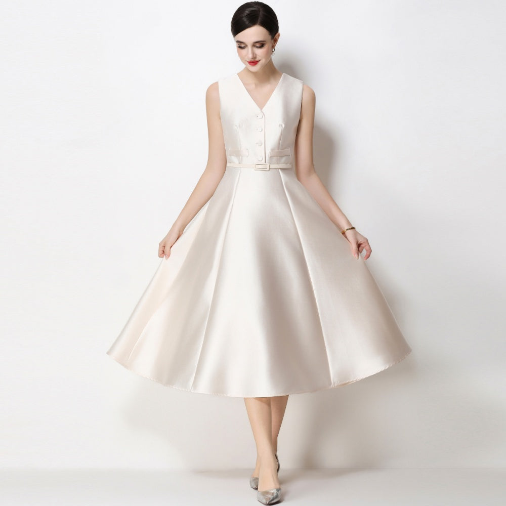 CM-DY067441 Women Elegant European Style V-Neck Sleeveless Belted Single-Breasted Midi Dress - Apricot