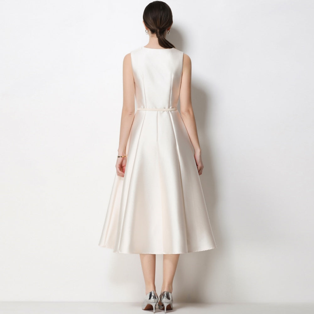 CM-DY067441 Women Elegant European Style V-Neck Sleeveless Belted Single-Breasted Midi Dress - Apricot