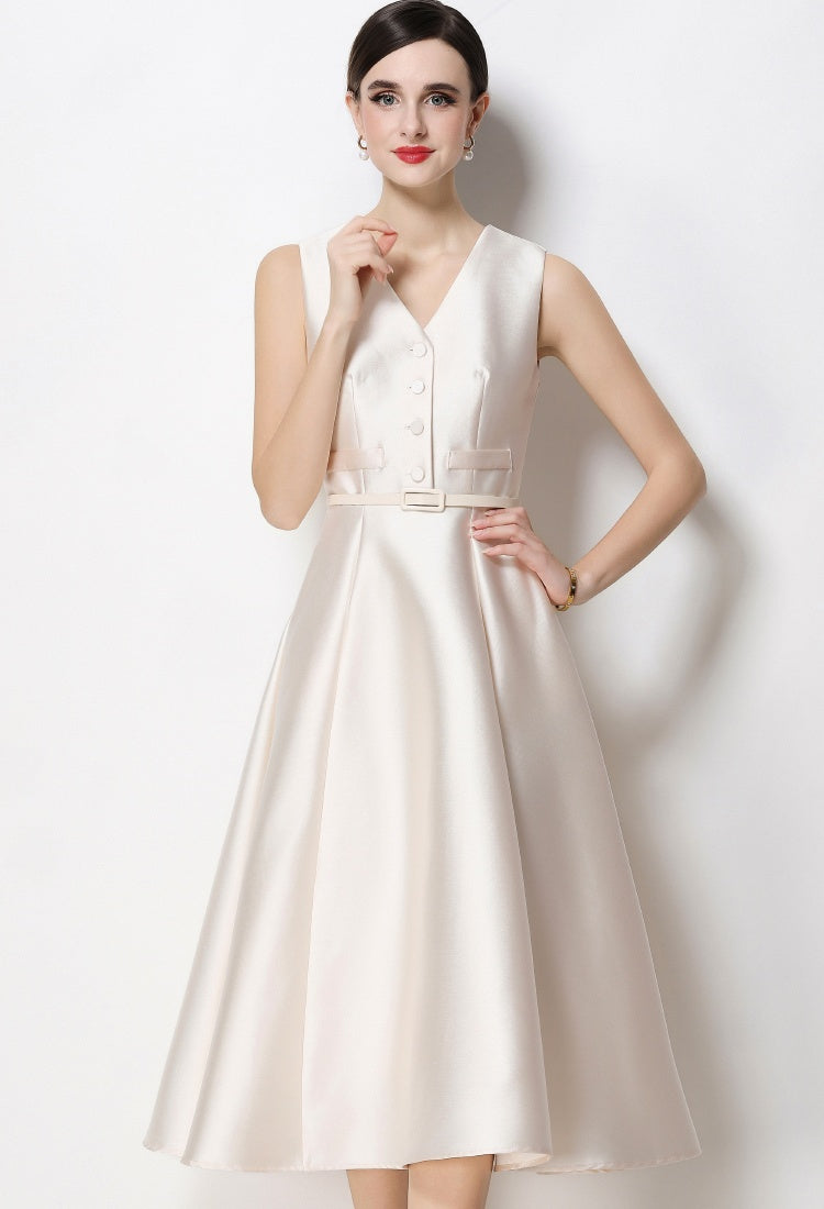 CM-DY067441 Women Elegant European Style V-Neck Sleeveless Belted Single-Breasted Midi Dress - Apricot