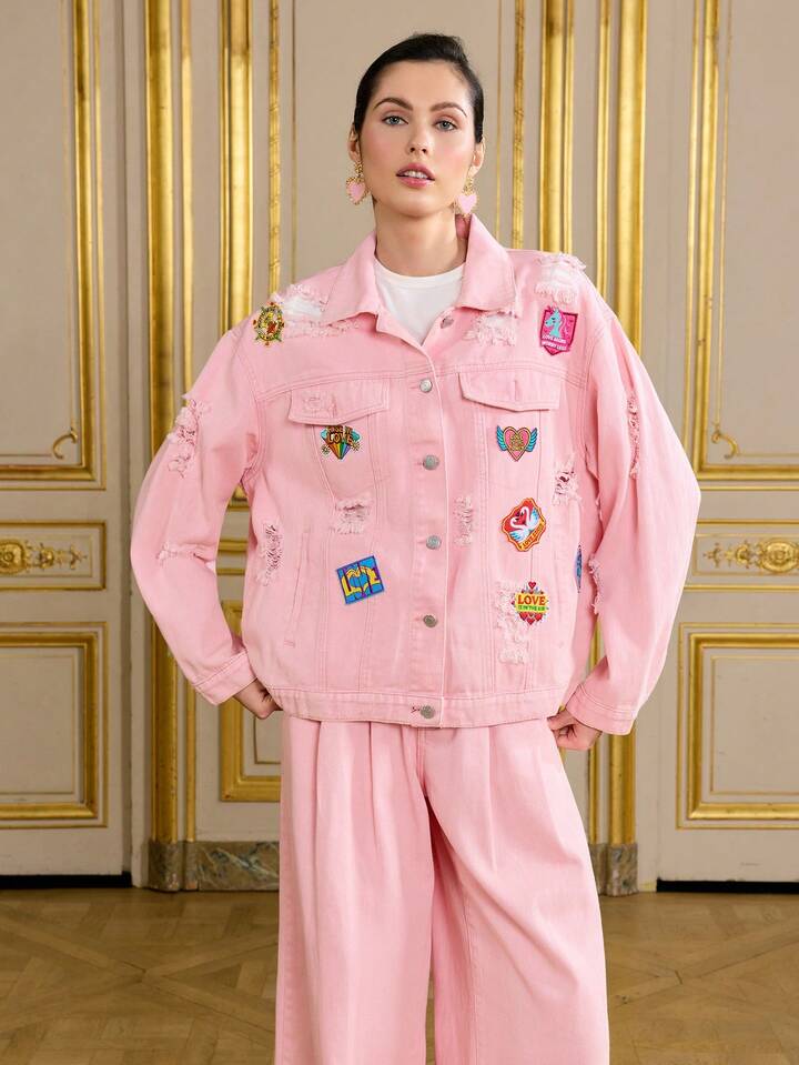 CM-CS533355 Women Casual Seoul Style Cute Cartoon Patches Distressed Oversized Denim Jacket - Pink