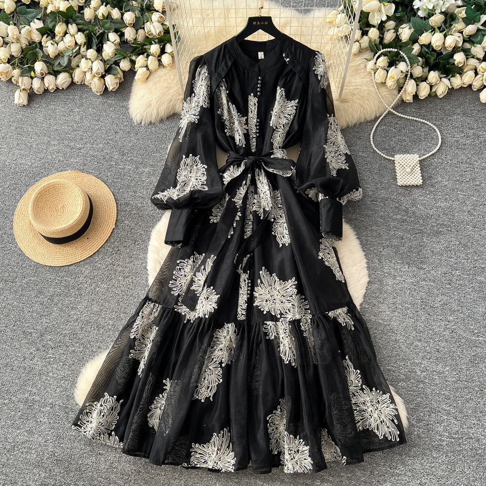 CM-DY067619 Women Elegant European Style Gauze Round Neck Long Sleeve Maxi Dress (Available in 4 colors)