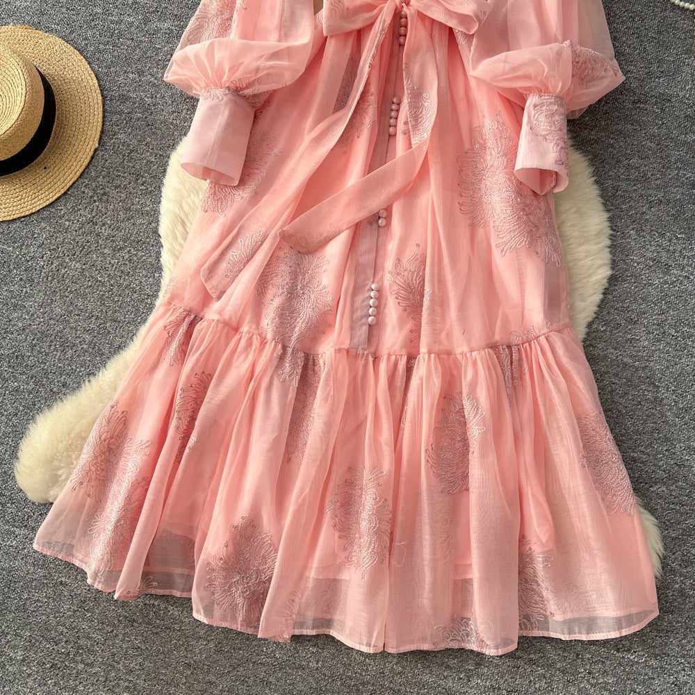 CM-DY067619 Women Elegant European Style Gauze Round Neck Long Sleeve Maxi Dress (Available in 4 colors)