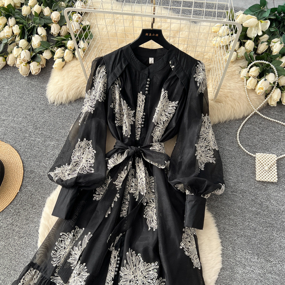 CM-DY067619 Women Elegant European Style Gauze Round Neck Long Sleeve Maxi Dress (Available in 4 colors)