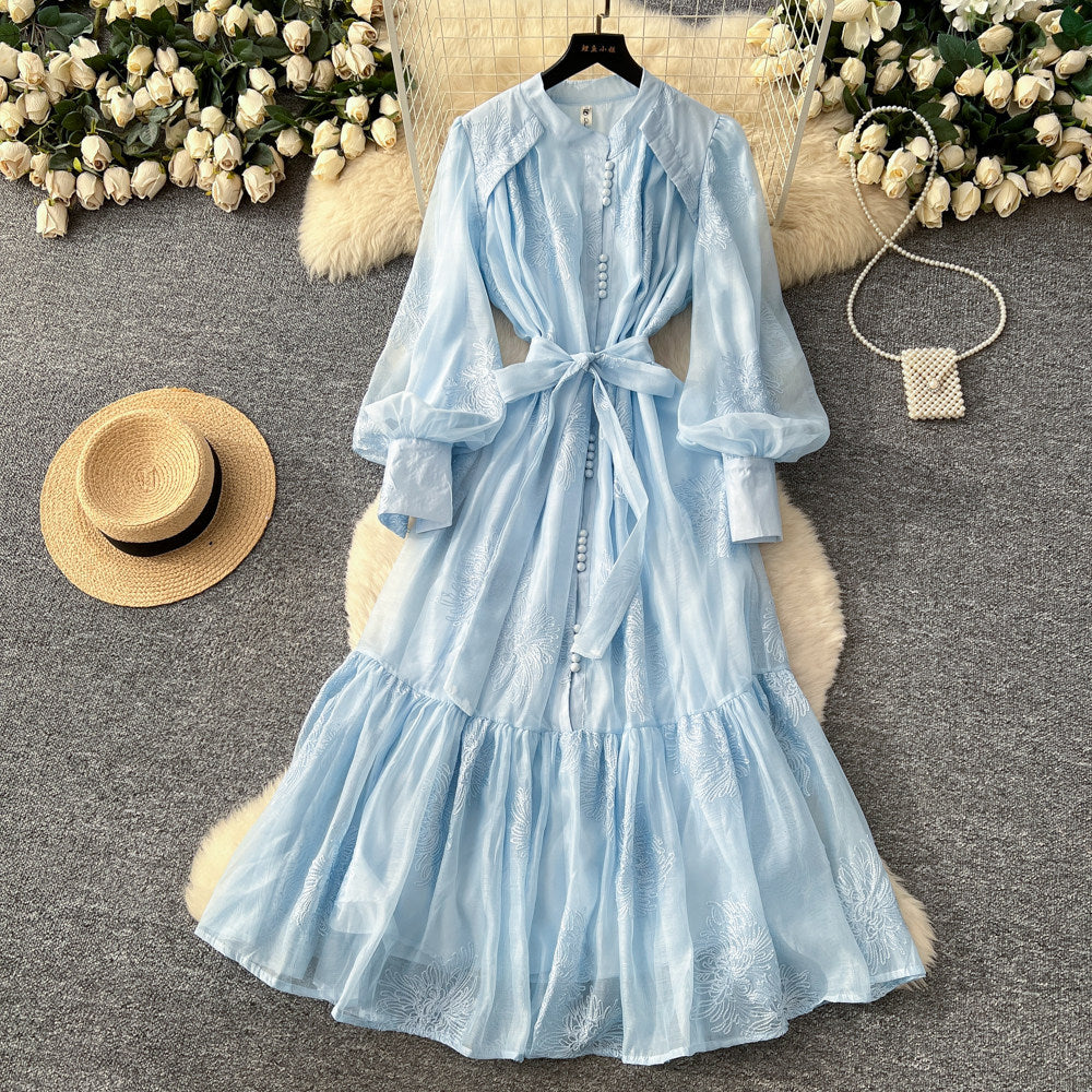CM-DY067619 Women Elegant European Style Gauze Round Neck Long Sleeve Maxi Dress (Available in 4 colors)