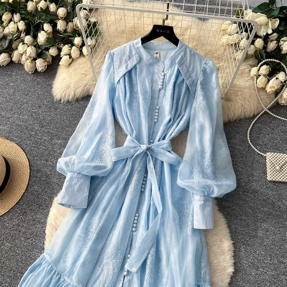 CM-DY067619 Women Elegant European Style Gauze Round Neck Long Sleeve Maxi Dress (Available in 4 colors)