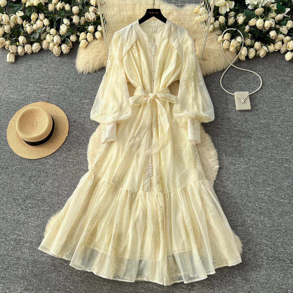 CM-DY067619 Women Elegant European Style Gauze Round Neck Long Sleeve Maxi Dress (Available in 4 colors)