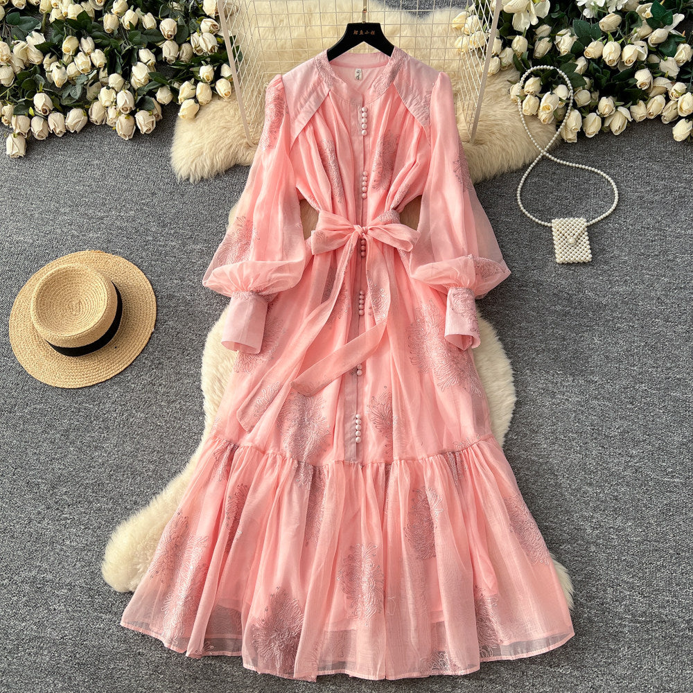 CM-DY067619 Women Elegant European Style Gauze Round Neck Long Sleeve Maxi Dress (Available in 4 colors)